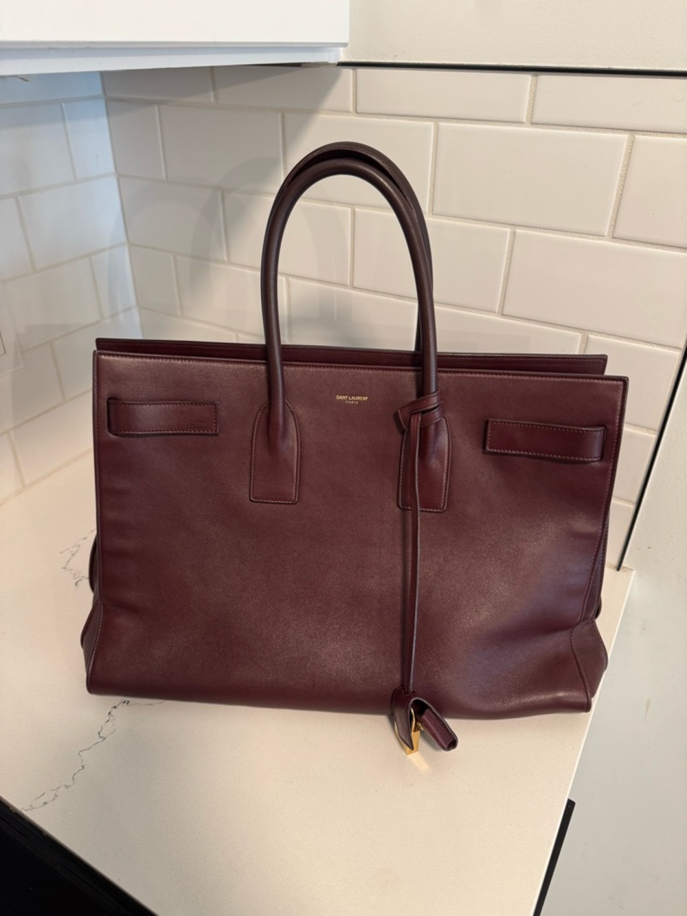 Saint Laurent Sac de Jour Large Bordeaux Leather Tote SDJ Gold Hardware Lock Key